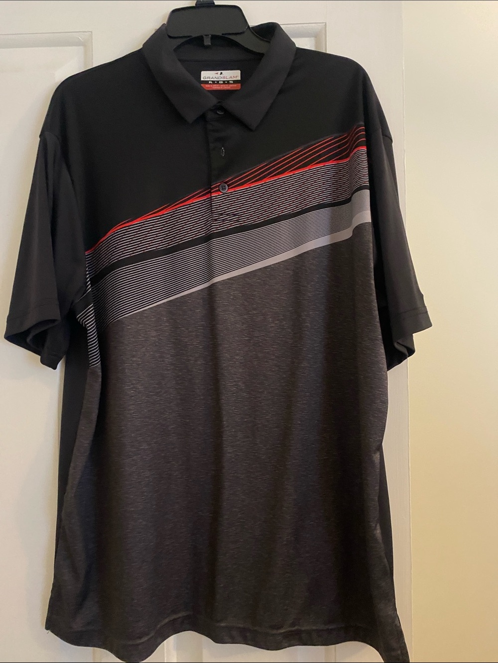 Grand Slam Men’s Black & Charcoal Polo with Red Stripe